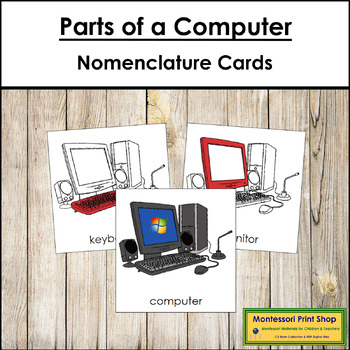 Preview of Parts of a Computer 3-Part Cards (red highlights) - Montessori Nomenclature