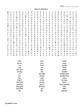 parts of a cow vocabulary word search for a livestock ag course