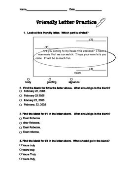 Parts Of A Friendly Letter Worksheet Test For 2nd 3rd 4th Grade By