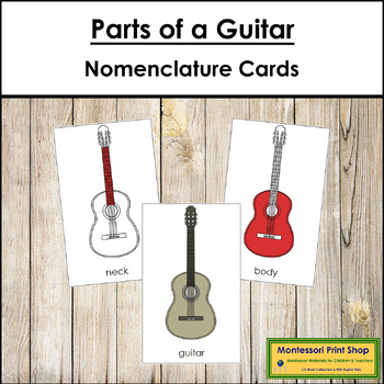 Preview of Parts of a Guitar 3-Part Cards (red highlights) - Montessori Nomenclature
