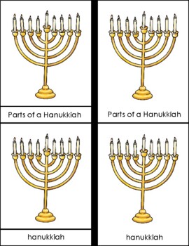 Preview of Parts of a Hanukkiah (Menorah) Three Part Montessori Cards