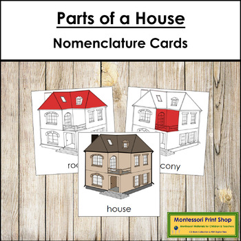 Preview of Parts of a House 3-Part Cards (red highlights) - Montessori Nomenclature