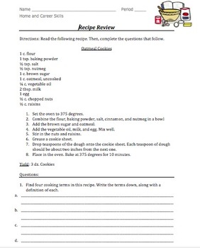 Preview of Parts of a Recipe & Recipe Interpretation - Review Worksheet