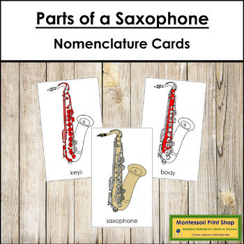 Preview of Parts of a Saxophone 3-Part Cards (red highlights) - Montessori Nomenclature
