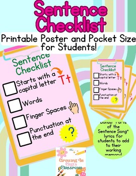Preview of Parts of a Sentence Checklist for Students! Printable and Pocket Size!Bonus Song