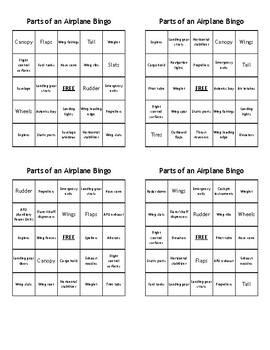 Preview of Parts of an Airplane Bingo - (100) Different Cards - Print, Cut, and Play!