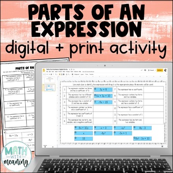 Preview of Parts of an Algebraic Expression Vocabulary Digital and Print Activity