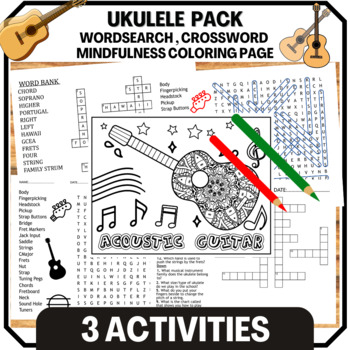 Preview of Parts of the Ukulele Word Search , Crossword and Coloring Page.