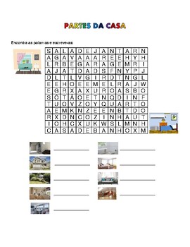 Preview of Parts of the house - word search worksheet  with answers in Portuguese