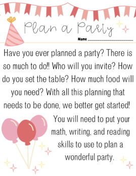 Preview of Party Themed 5th Grade Math, Writing, Reading, Activities