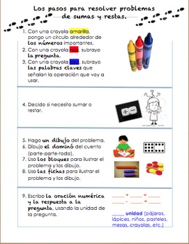 Preview of Pasos para resolución de problemas, sumas y restas / Problem Solving Steps SPAN.