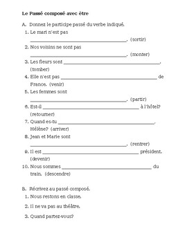 Passé Composé avec être French Verbs Worksheet 9 by jer520 LLC | TPT