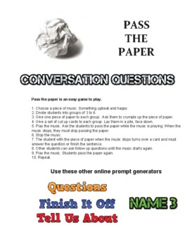 Preview of Pass The Paper - Conversation Cards. Game. Speaking. Prompts. ESL. EFL.