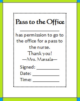 Preview of Pass to the Office to go to the Nurse