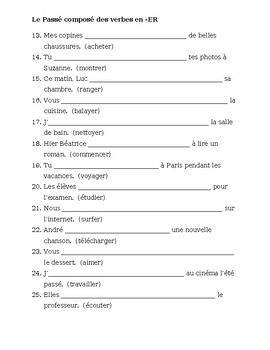 Passé Composé ER French Verbs Worksheet 1 by jer520 LLC | TPT