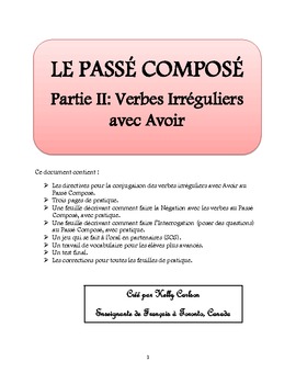 Preview of Passe Compose Partie II: Verbes Irreguliers avec Avoir