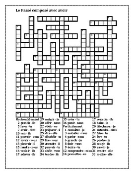 Passé Composé avec avoir ALL French Crossword 1 by jer520 LLC TPT
