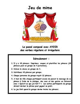 Passe Compose Avec Avoir Jeu De Mime French Charades Game By French Rocks