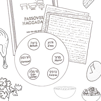 Preview of Passover (Pesach) Coloring Sheet With Haggadah, Seder Plate, and Square Matzo