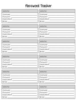 Preview of Password Keeper Printable for Student Notebook