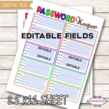 Preview of Password Keeper Printable for students. Password Password Log, Letter Size PDF