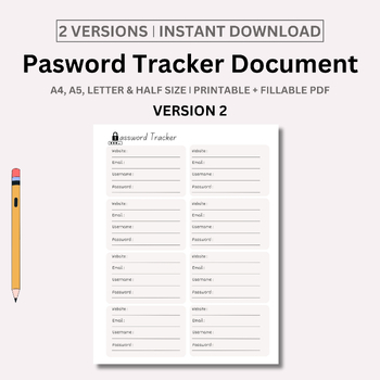 Preview of Password Tracker Printable & Fillable, Password Keeper, Password Organizer