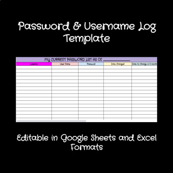 Preview of Password & Username Log Template