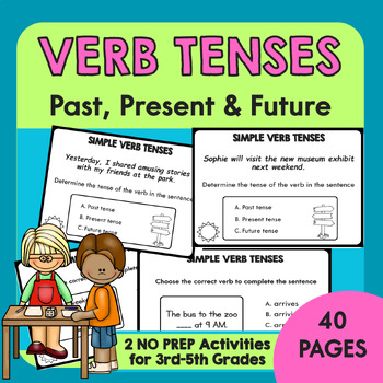 Preview of 40 Past, Present, Future Tense Verb Task Cards, Verb Tenses Practice and Review