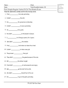 Past Simple Regular Verbs Fill In The Blanks Exam Tpt