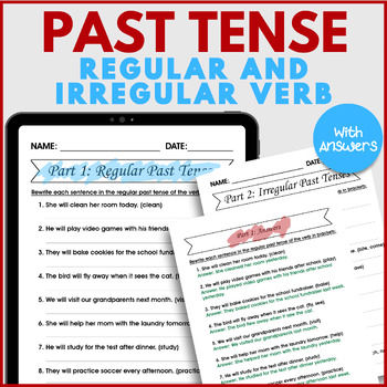 Preview of Past Tense Regular and Irregular Verb Worksheets - for 3rd, 4th, 5th, 6th Grade