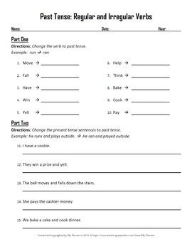 Past Tense Worksheets with Regular and Irregular Verbs by Elly Thorsen