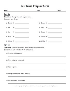 Past Tense Worksheets with Regular and Irregular Verbs by Elly Thorsen