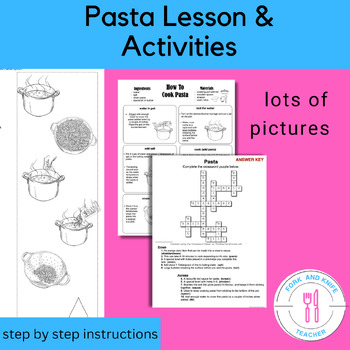Preview of How To Cook Pasta Activities - steps to cook wheel, crossword, match up, memory