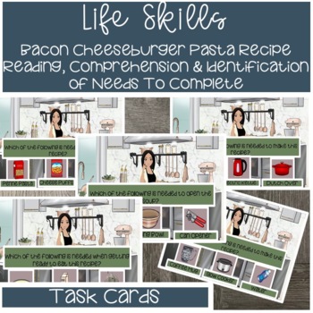 Preview of Pasta Recipe Reading & Comprehension, & Identifying Needs Task Cards