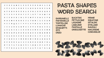 Preview of Pasta Shapes Word Search; FACS, Culinary, Bellringer, Italian Food