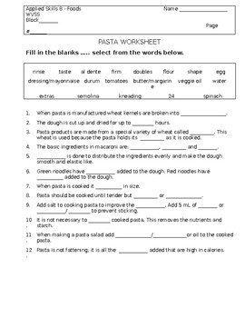 Preview of Pasta Worksheet