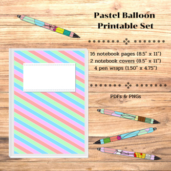 Preview of Pastel Balloon Printable Set: 16 Journal Pages, 2 Covers, 4 Pen Wraps