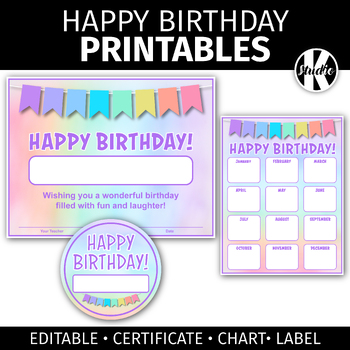 Pastel Birthday Printable - Editable Certificate, Chart, & Label by StudioK