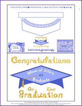 Preview of Pastel Blue Graduation Cap Party Hat Card Print White Gold Class 2024 Graduate