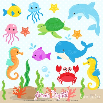 Under The Sea Digital Clipart Background Nautical Sea Animals Illustrations