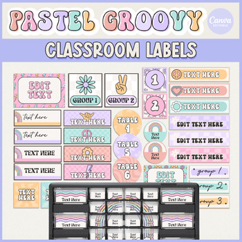 Preview of Pastel Groovy Classroom Labels Editable Templates | Bin Organization