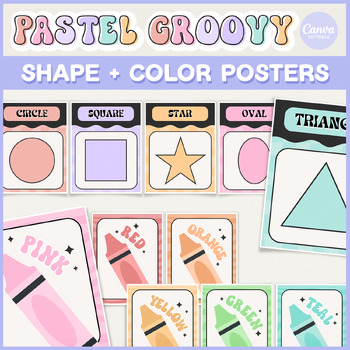 Preview of Pastel Groovy Classroom Shapes and Colors Printable Display | Editable