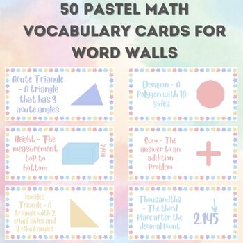 Preview of Pastel Math Vocabulary Cards for Math Word Wall - 3rd, 4th, and 5th Grade