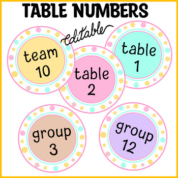 Preview of Pastel Polka Dots Table Numbers, Classroom Table, Team and Group Labels