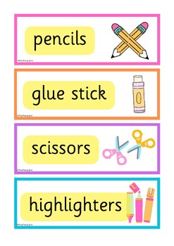 Preview of Pastel Pop -  "What do we need?" illustrative classroom supply labels