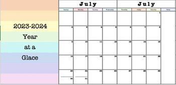 Preview of Pastel Rainbow 2023-2024 School Year Calendar
