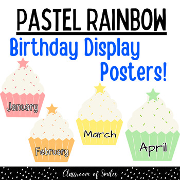 Preview of Pastel Rainbow Cupcake | Student Birthday Posters Display - Classroom Decor