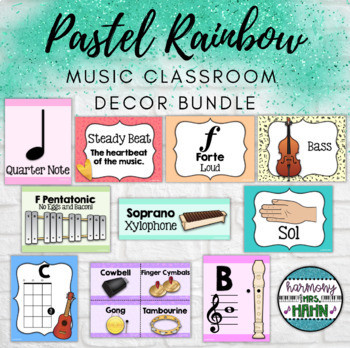Preview of Pastel Rainbow Music Classroom Decor Bundle