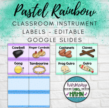 Preview of Pastel Rainbow Music Classroom Instrument Labels - Editable Google Slides