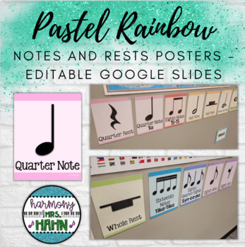 Preview of Pastel Rainbow Music Classroom Notes and Rests Posters - Editable Google Slides